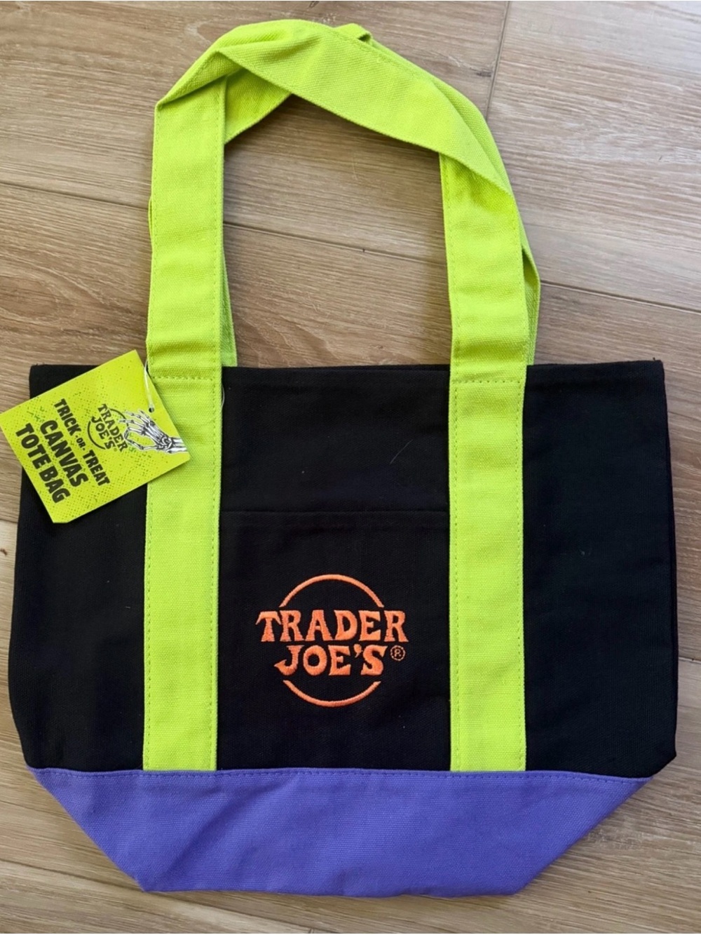 Trader Joe's Black Small Tote Bag with Neon Green Handles Purple Base Halloween
